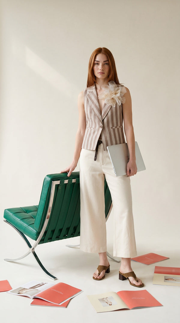 Gilet sartoriale a righe con fiore — Tortora & panna