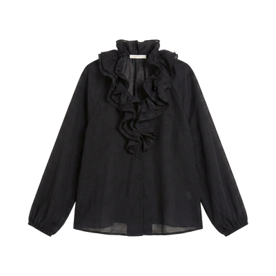 Sheer Ruffle High-Neck Blouse — Black