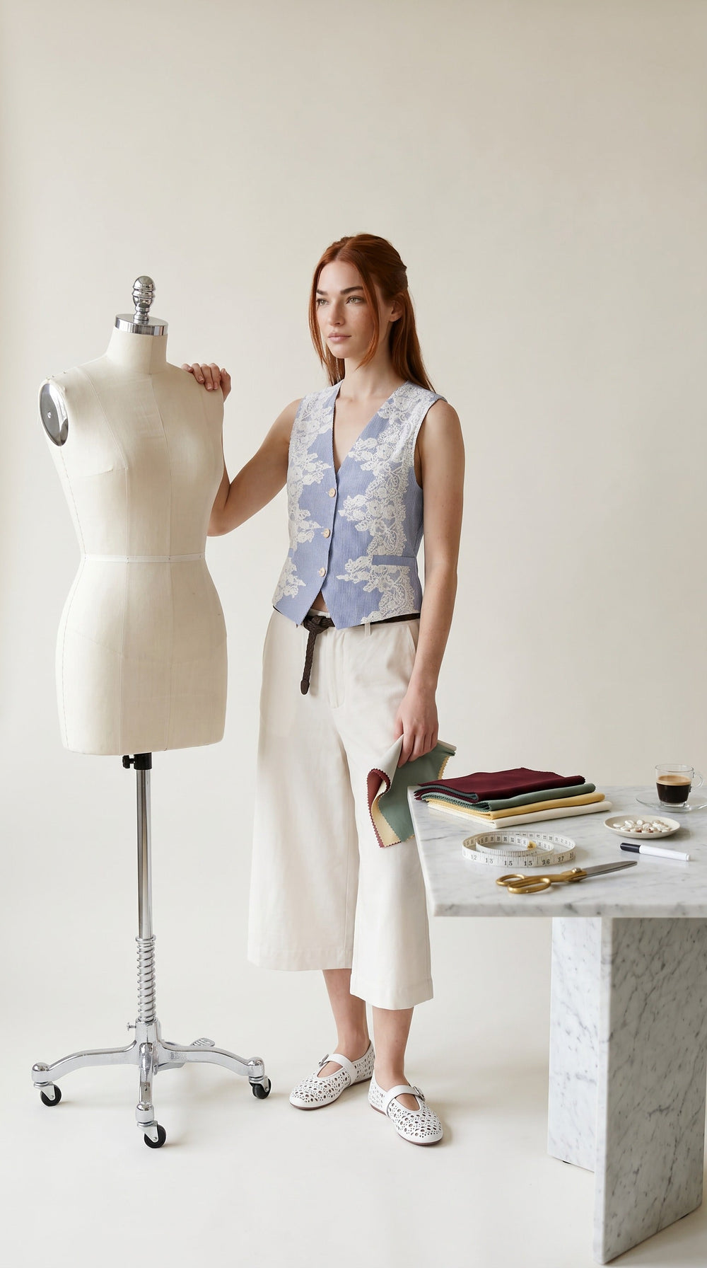 Gilet gessato con applicazione in pizzo — Riga blu & avorio