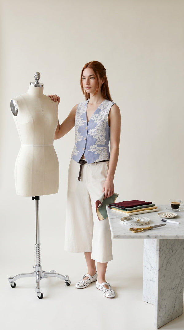 Gilet gessato con applicazione in pizzo — Riga blu & avorio